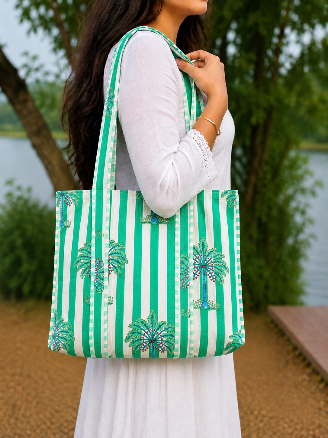 Handmade Palm Tree Quilted Tote Bag Green Striped Cotton Shoulder Bag