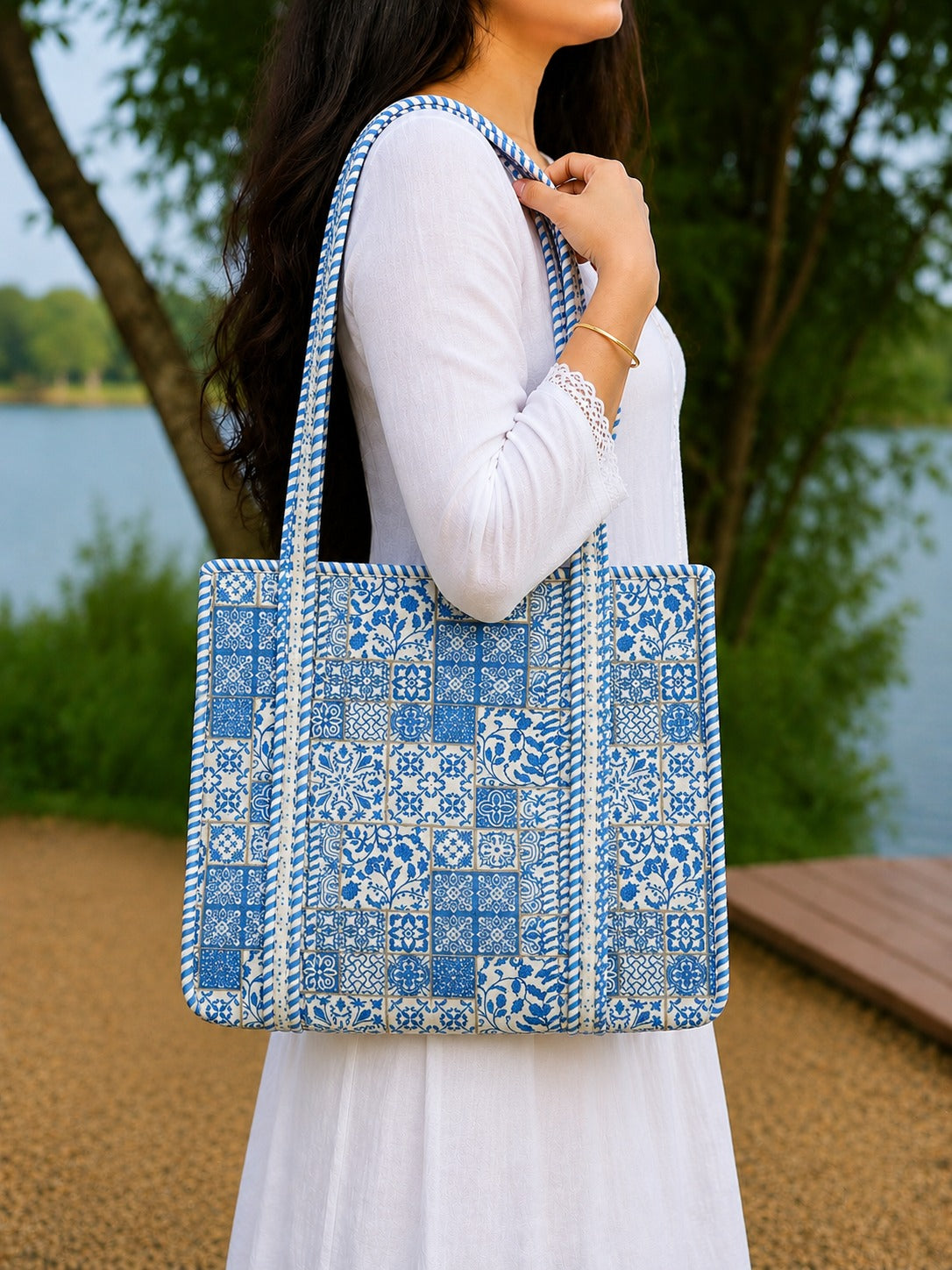 Blue Floral Tote Bag Handmade Cotton Office & College Bag