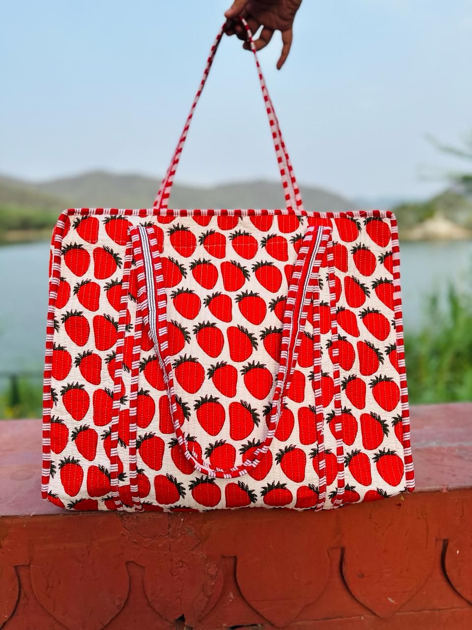 Handmade Strawberry Quilted Tote Bag for Women | Large Cotton Shoulder Bag