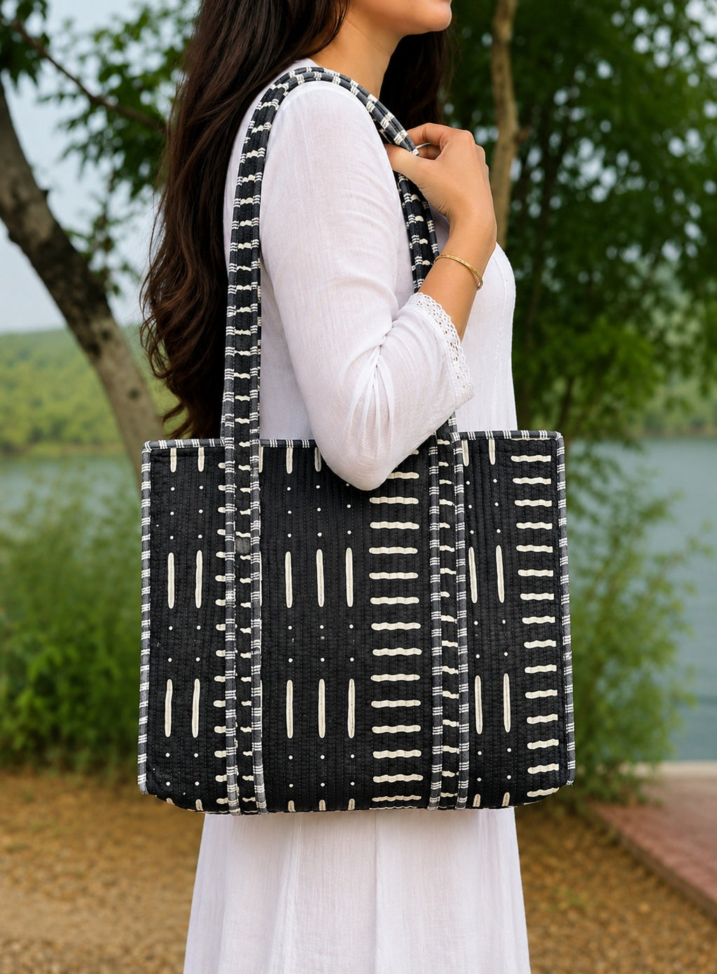 Handmade Black Cotton Tote Bag | Quilted Shoulder Bag for Women