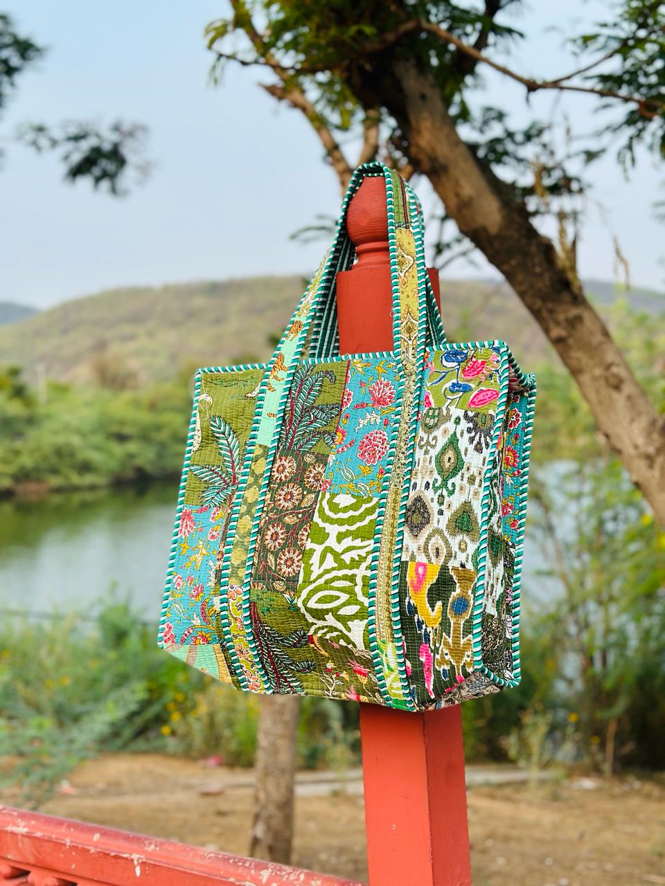 Boho Patchwork Tote Bag Large Cotton Travel Shoulder Bag