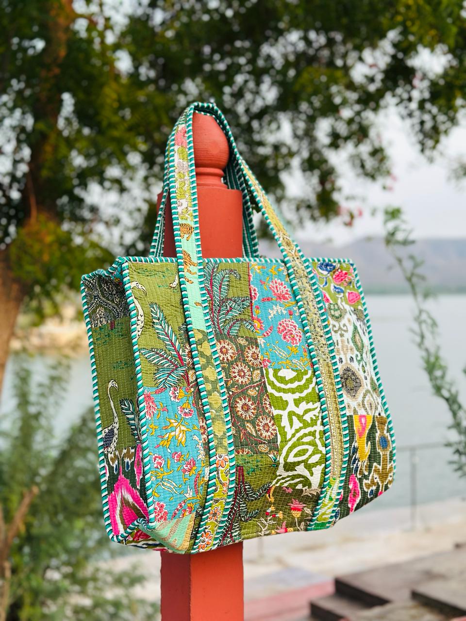 Image of Boho Patchwork Tote Bag Large Cotton Travel Shoulder Bag