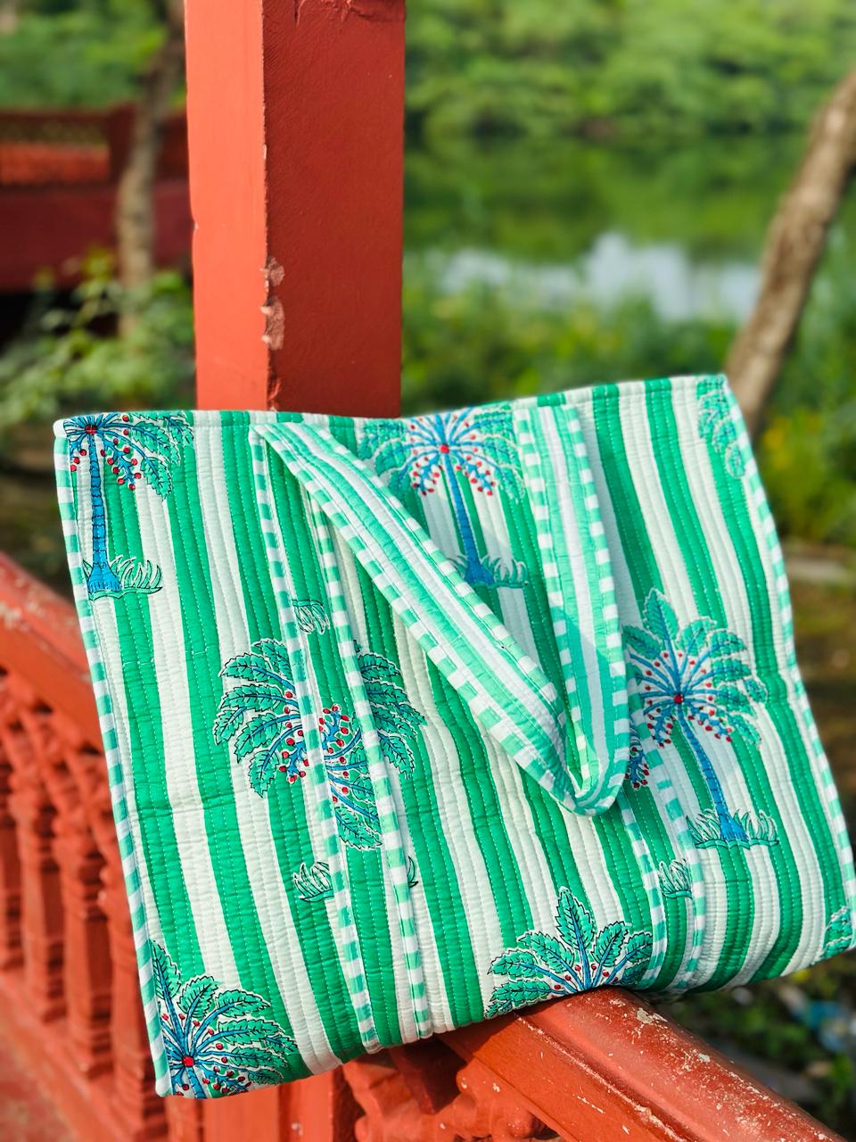 Handmade Palm Tree Quilted Tote Bag Green Striped Cotton Shoulder Bag