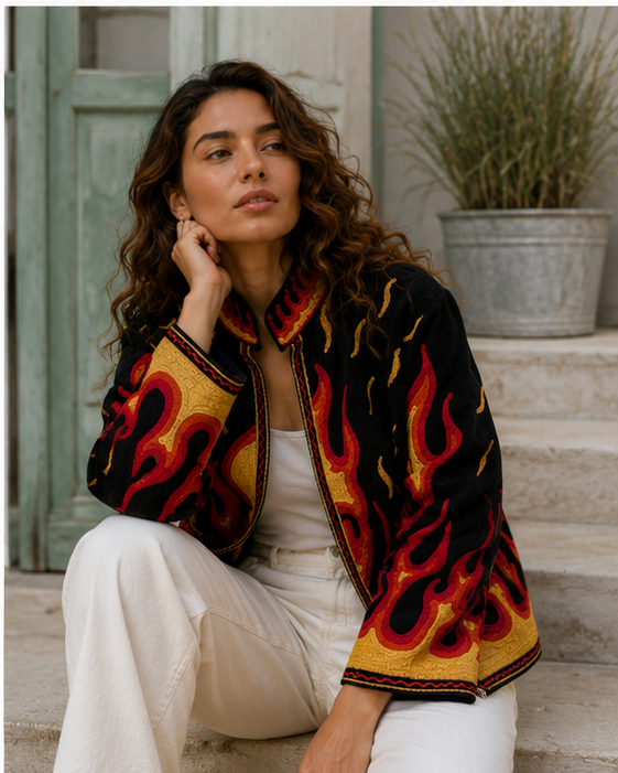 Fire print suzani jacket - hand embroidery