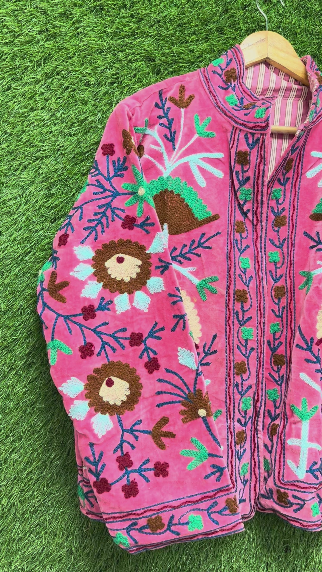 Pink Velvet Suzani Embroidered Jacket Boho Floral Coat